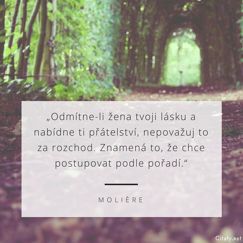 Molière quote: „Odmítne-li žena tvoji lásku a nabídne ti přátelství, nepovažuj to za rozchod. Znamená to, že chce postupovat podle pořadí.“